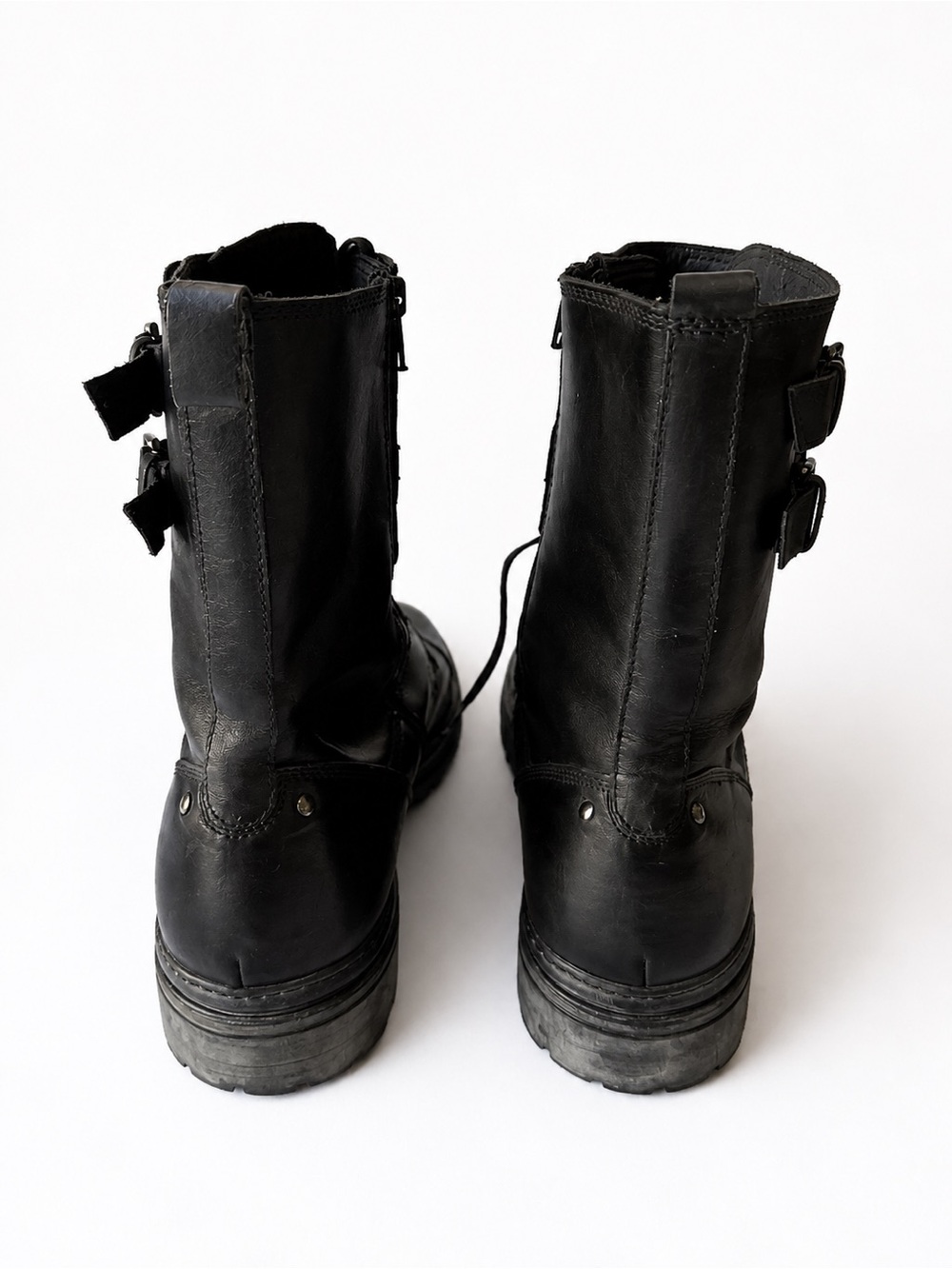 Bruno Magli Black Leather Combat Moto Boots Men’s 10 Lace Up Buckle Italy - Picture 6 of 10